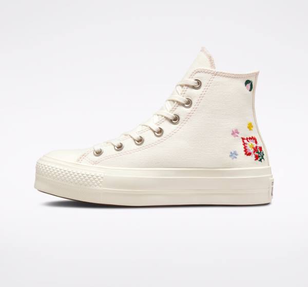 Converse Chuck Taylor All Star Lift Platform Floral Embroidery Sneakers High Sort Lyserød | CV-240ADE