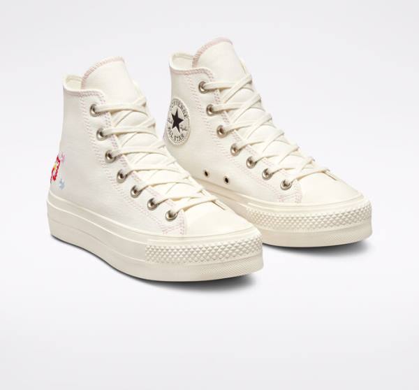 Converse Chuck Taylor All Star Lift Platform Floral Embroidery Sneakers High Sort Lyserød | CV-240ADE